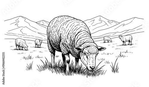 Hand drawn sheep grazing close up in mountain meadow black white sketch vector illustration pastoral farm scene