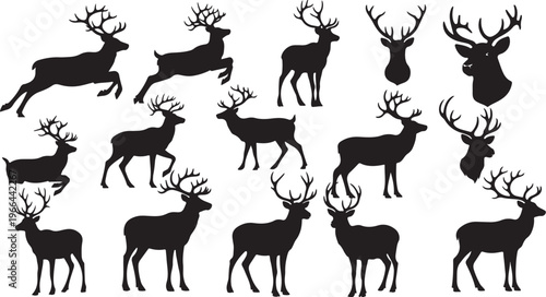 Collection of deer silhouettes in various poses and movements