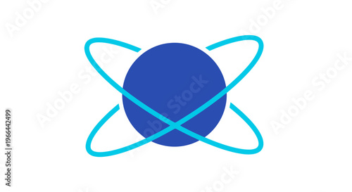 Blue circle with orbiting lines symbol.