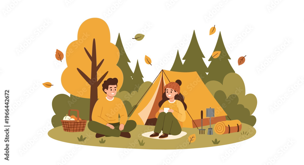 Naklejka premium Couple camping in autumn forest with tent and picnic basket, enjoying nature