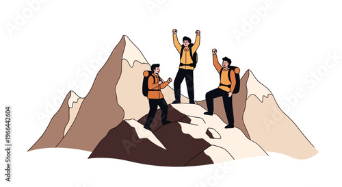 Three hikers celebrate reaching mountain summit with backpacks and joyful gestures adventure.