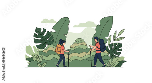 Two hikers with trekking poles and backpacks walking through a lush