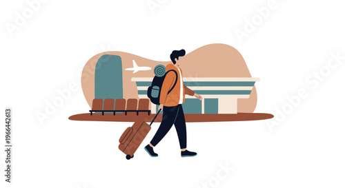 Traveler with luggage walks to airplane at airport gate