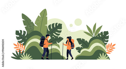 Couple hiking through lush tropical jungle with backpacks and walking sticks