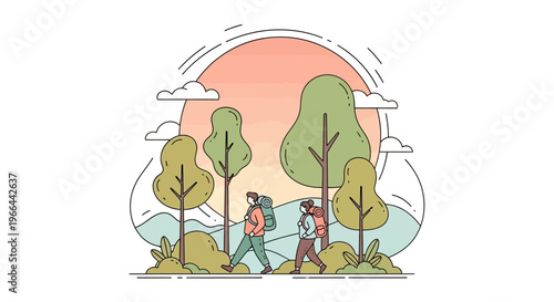 Couple hiking together in a serene landscape with trees and mountains at sunrise or sunset illustration