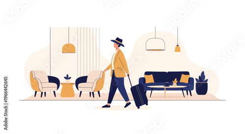 Man with luggage walking through modern hotel lobby interior with furniture and decor