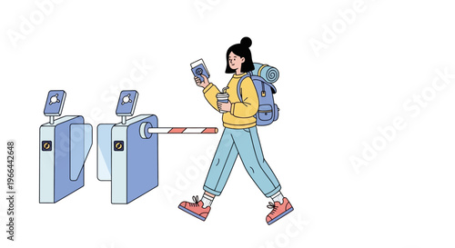 Woman with backpack walks through ticket gate holding phone and coffee