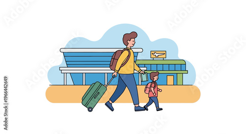 Father and son walking with luggage at airport terminal