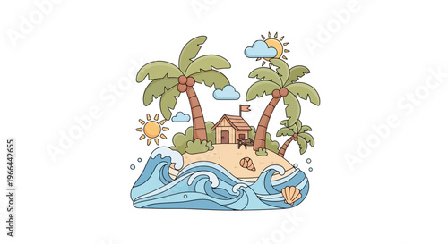 A serene tropical island scene with palm trees and a hut under a sunny sky with waves.
