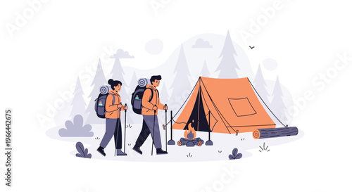 Two hikers walking near campsite with tent and gear in forest