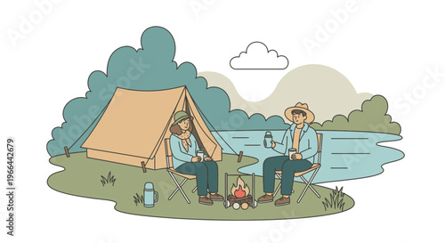 Couple camping by serene lake with tent and campfire outdoors
