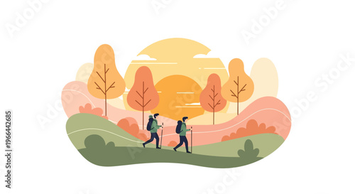 Two hikers walking through an autumnal landscape with trees and sunset