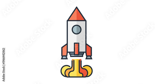 Cartoon rocket ship launching upwards.