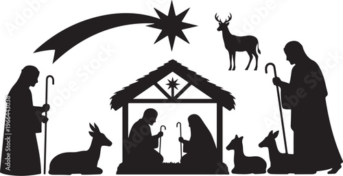 Nativity scene silhouette with star and animals in black