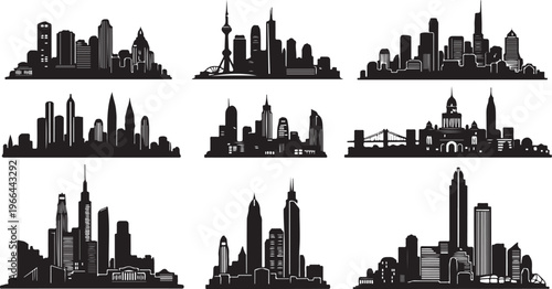 City skylines from around the world in black silhouette style