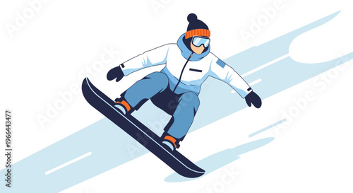 Man snowboarding down snowy mountain slope.