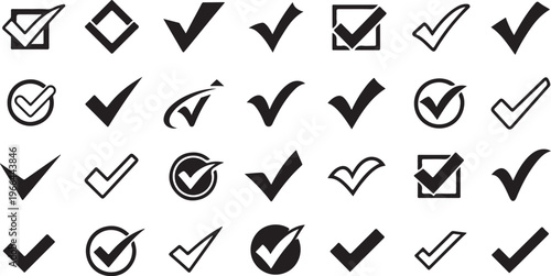Collection of various checkmark and tick icons on white background