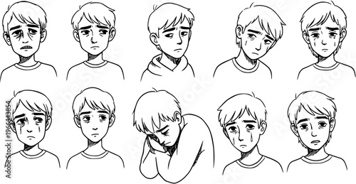 Black and White Line Art Illustration of a Young Boy Expressing Sadness, Depression, and Emotional Distress  Mental Health and Well-being Concept