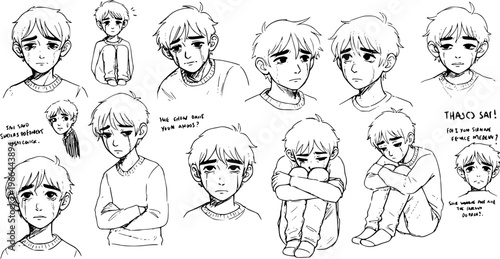 Black and White Line Art Illustration of a Sad Boy Expressing Various Emotions of Distress, Loneliness, and Vulnerability for Mental Health Concepts