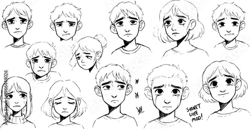Black  White Line Art of Sad Young People's Faces Crying, Illustrating Mental Health and Emotional Distress in Children and Teenagers Empathy and Psychology Concept