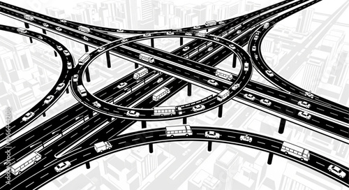 Aerial View of a Complex Highway Interchange with Traffic.