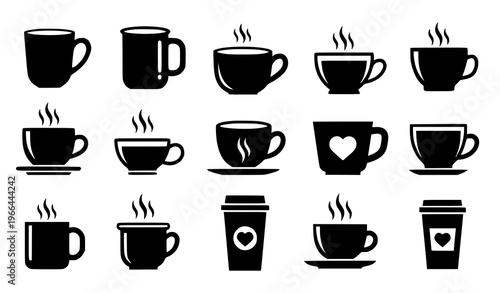  Coffee and Beverage Icon Set Featuring Hot Drink Cups, Mugs, Latte, Cappuccino, Takeaway Coffee, and Cafe Symbols for Food, Restaurant, and Drink Design