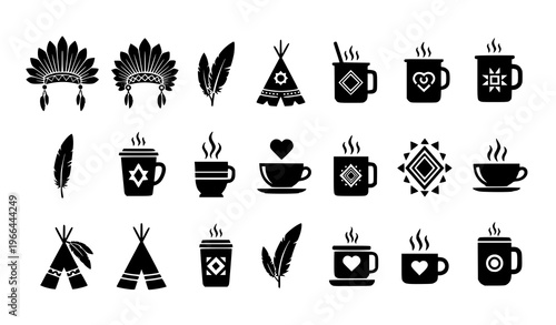  Boho Tribal Lifestyle and Coffee Icon Set Featuring Feathers, Teepee Tents, Arrows, Ethnic Patterns, and Hot Drink Cups for Bohemian, Nomadic, and Cafe Design
