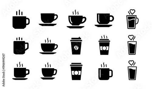  Coffee and Beverage Icon Set Featuring Hot Drink Cups, Tea Mugs, Takeaway Coffee, Latte, Cappuccino, and Cafe Symbols for Food and Drink Design