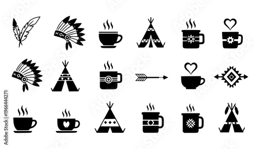 Boho and Tribal Lifestyle Icon Set Featuring Feathers, Teepee Tents, Coffee Cups, Arrows, and Ethnic Symbols for Hippie, Nomadic, and Bohemian Design