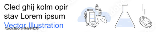 Food science, nutrition, dairy production, chemical testing, packaging innovation, culinary arts. Milk carton, cheese wedge fish wheat stalks lab flask and bottle cap. Food science and nutrition