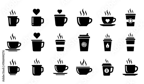 Coffee and Beverage Icon Set Featuring Hot Drinks, Cups, Mugs, Takeaway Coffee, Latte, Cappuccino, and Cafe Symbols with Heart Design for Food and Drink Branding