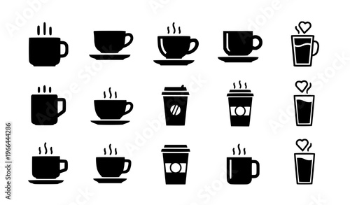 Coffee and Beverage Icon Set Featuring Hot Drinks Cups, Takeaway Coffee, Tea Mugs, and Cafe Drink Symbols for Food, Cafe, and Restaurant Design