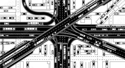 Aerial View of a Complex Highway Interchange with Traffic.