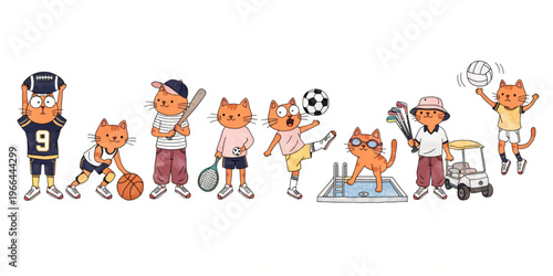  Set of funny cartoon cute Cat animals in playful sports vector style featuring smiling characters for kids toy illustration collection