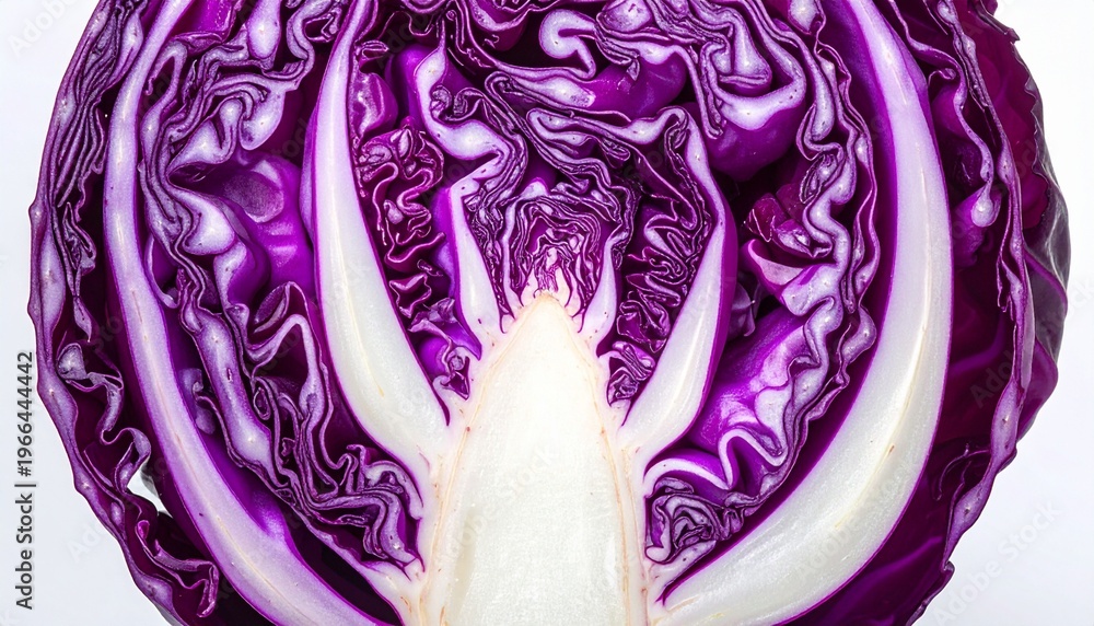 Obraz premium Macro Close-up of Halved Red Cabbage Showing Intricate Purple Leaf Patterns and White Core