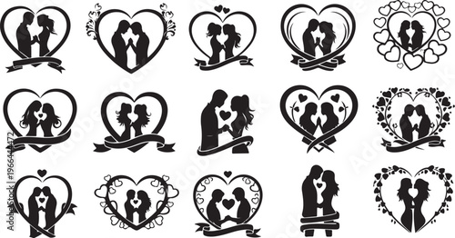 Black Silhouette Vector Graphics of Loving Couples in Hearts