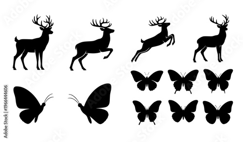  Wildlife Silhouette Icon Set Featuring Deer in Motion and Butterfly Collection for Nature, Forest, Animal, and Outdoor Design Elements