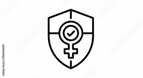 Line art illustration of a shield with a female symbol and checkmark in a simple, minimalist style on a white background.