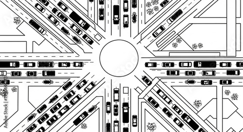 Aerial View of Busy Roundabout Traffic Congestion.