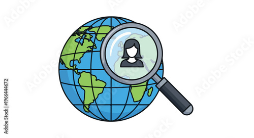 Flat illustration of a magnifying glass over a globe with a person's silhouette inside the lens on a white background with a modern and minimalistic style in blue green and black colors.