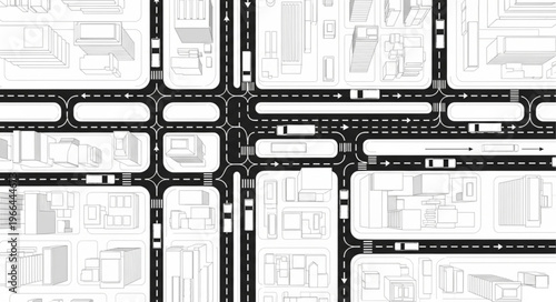 Aerial View of City Street Network with Buildings and Traffic.