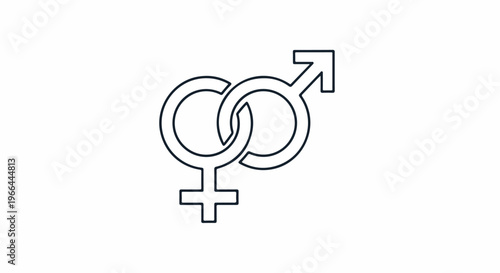 A minimalist line art illustration of interlocking male and female gender symbols on a clean white background with a simple, monochromatic design.