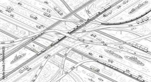 Aerial View of Complex Highway Interchange in Sketch Style.