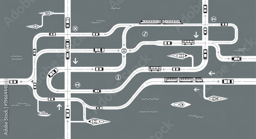 Aerial View of Complex Highway Interchange with Traffic Flow.
