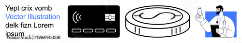 E-commerce, financial technology, digital payment, modern healthcare, currency systems, cashless economy. Contactless card, coin and doctor holding medicine. Digital payment and financial technology