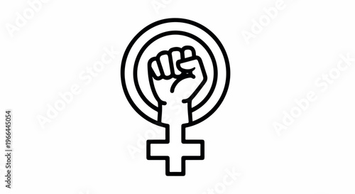 A minimalist line drawing of a raised fist within a female symbol on a white background, conveying a powerful and feminist mood.