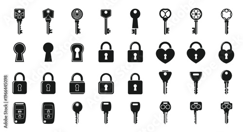 Cute flat pastel keys and padlocks vector sticker icon set for graphic design on white