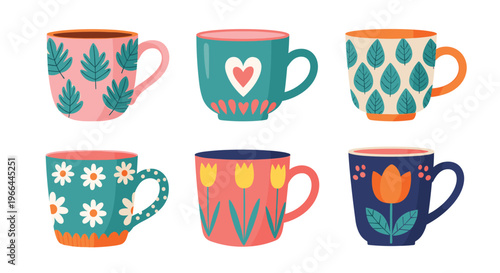 Cute coffee mug vector set with floral and heart patterns boho style ceramic cups on white background