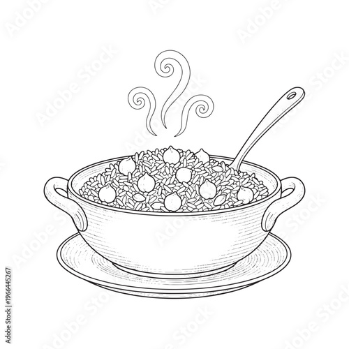 Steaming Bowl of Rice and Grains Coloring Page Illustration for Kids Activity Book
