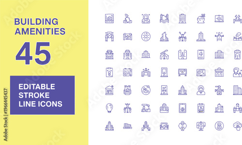 45 modern building amenities icons set in editable stroke line style on bright yellow background